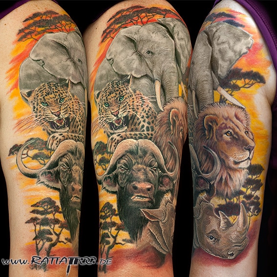Big 5 African Wildlife Tattoo aus dem Rattattoo Tattoostudio Freiburg. #Big5 #tattoo #Afrika #tattoos #africa #tatts #wildlife #ink animal #inked #elefant #inkedup #lion #realistic Löwe #realism #Büffel #realistictattoo #Nashorn #Leopard #colortattoo #color #colourful #armtattoo #tattooartist #custom #design #tattooart #bodyart #art #tattoobilder #tattoopics #tattoogalerie #tattoostudio #freiburg #tattoostudiofreiburg #tattoofreiburg #rattattoo #rattattoofreiburg