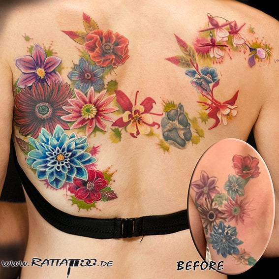 Blumen Cover Tattoo auf dem Rücken. Farb-Realismus aus dem Rattattoo Tattoostudio in Freiburg.