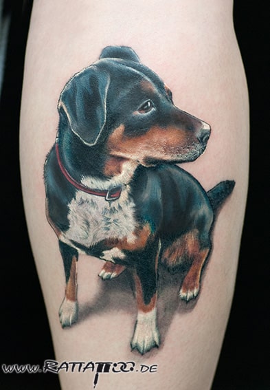 Realistisches Hundeportrait Tattoo auf der Wade in Farbe aus dem Rattattoo Tattoostudio in Freiburg.